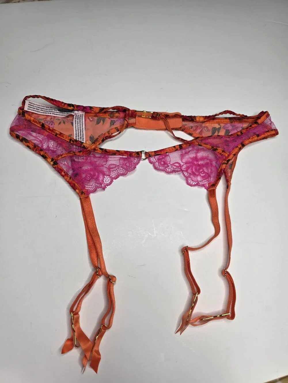NEW Victoria's Secret Garter Pink Orange Satin Lace Floral XS